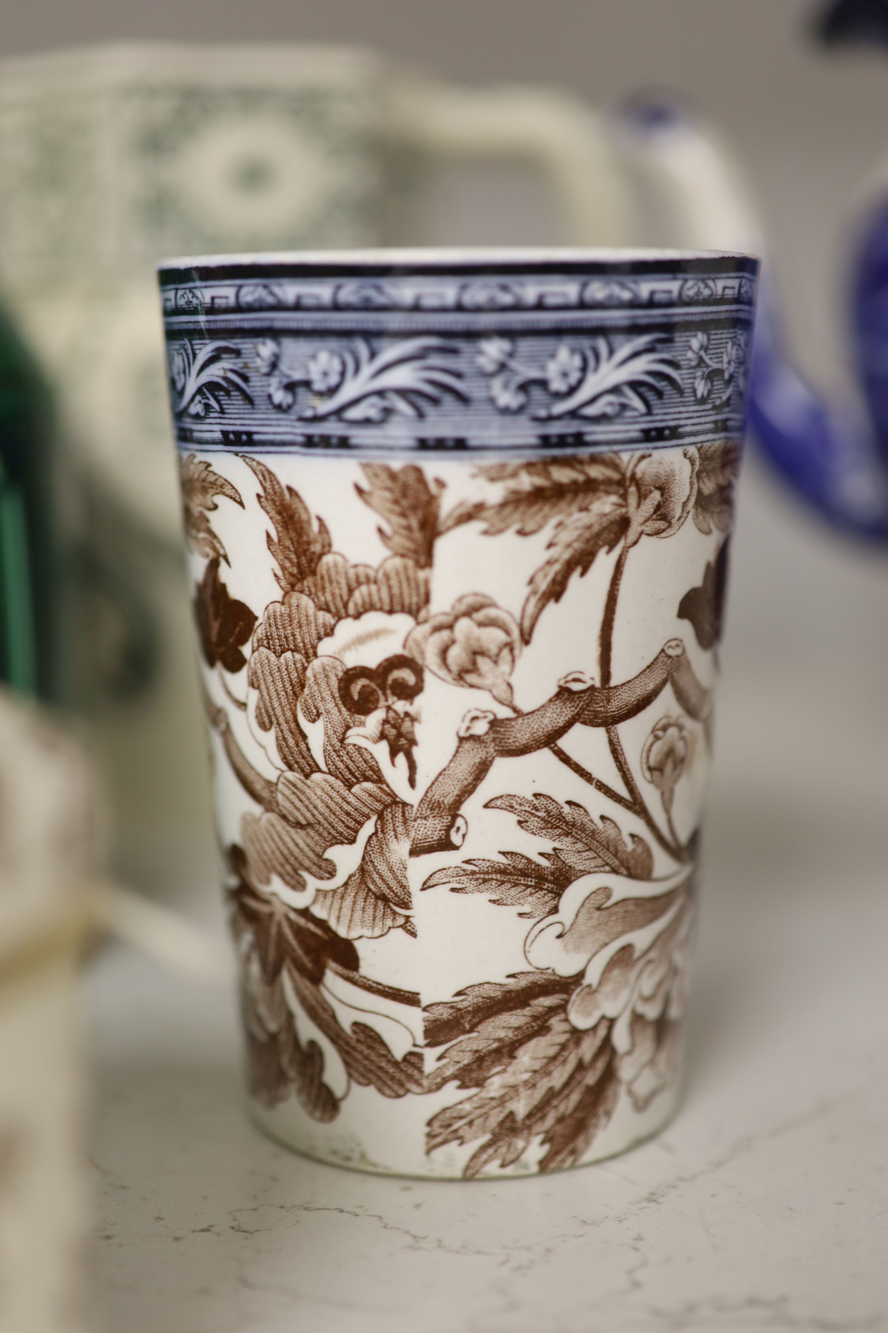 A group of 19th century Wedgwood transfer printed vessels and two Wedgwood greenware tealight holders